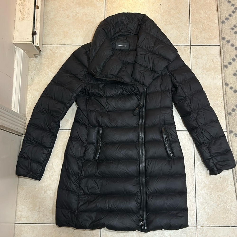 Extra light down coat by Mackage with black leather detailing on the zipper
